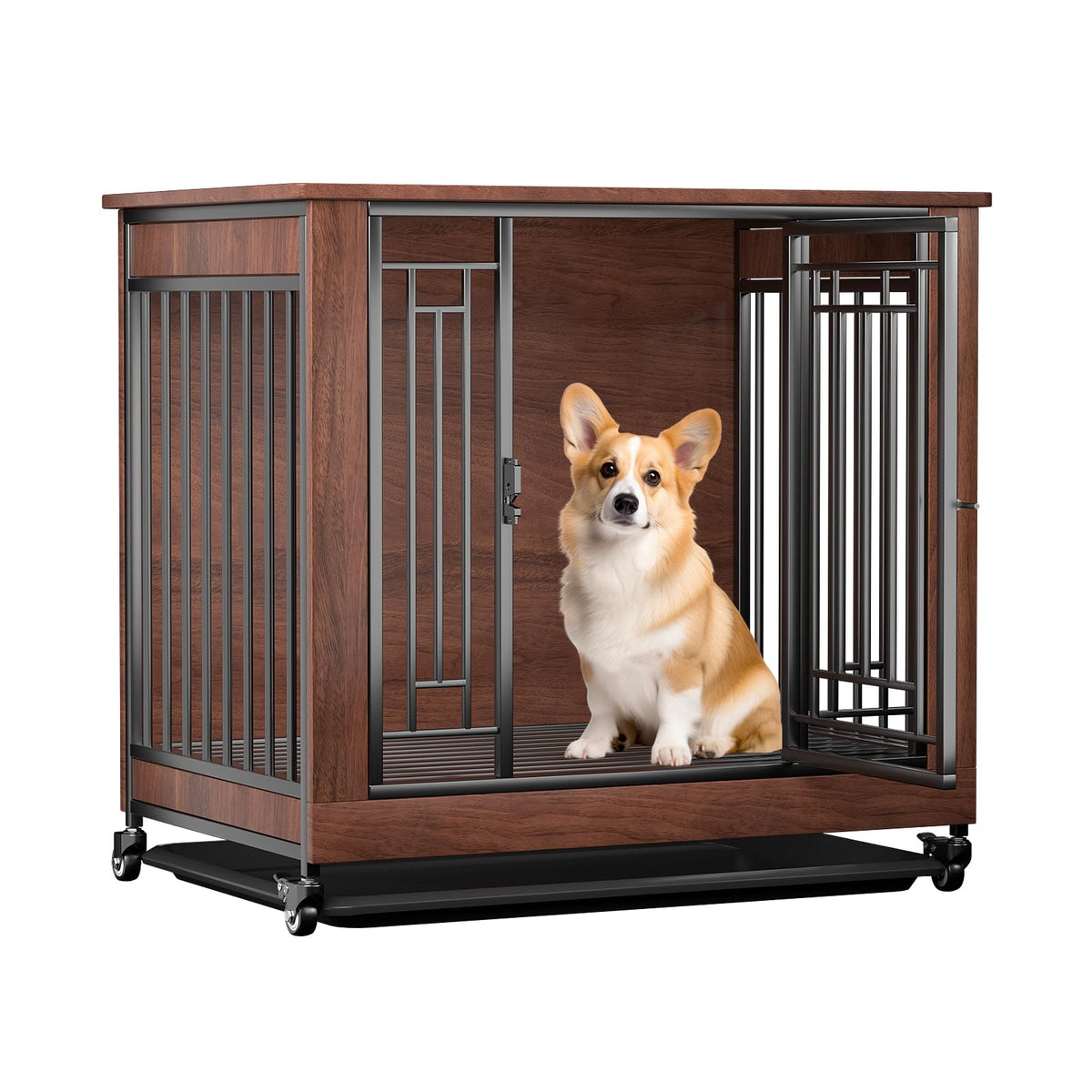 Mueble Jaula para Perros de 32" - Mueble Tipo Kennel para Perros Pequeños, Jaula Interior de Madera con Ruedas, Bandeja y Ventana para Alimentar