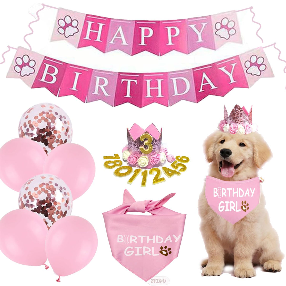Waghaw Set de Fiesta de Cumpleaños para Perros - Sombrero de Cumpleaños, Bandana de Cumpleaños, Regalo de Cumpleaños, Pancarta de Cumpleaños, Globos de Cumpleaños, Corona de Cumpleaños para Perros (Rosa, Pequeño)